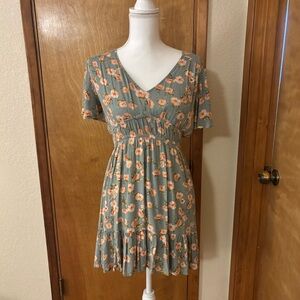 Rewind Sage Green Floral Mini Dress with Peach Flowers